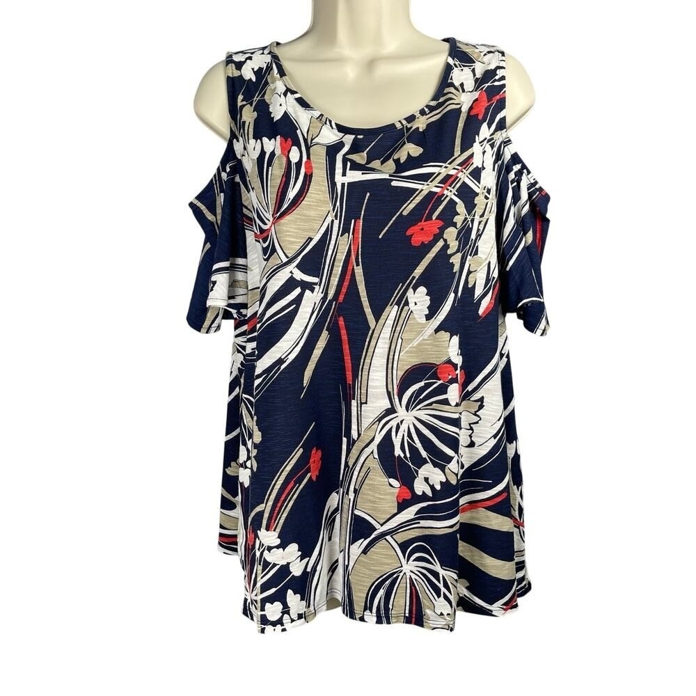 Chico's Blouse Womens 2 / US Large Navy Floral Cold Shoulder Scoop Neck Top